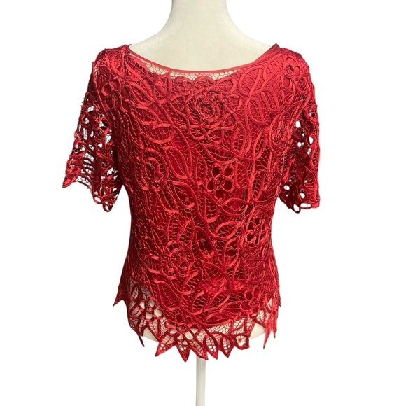 Silken Poetry Vintage 100% Silk Blouse Size M Merlot Red Lace Overlay Party Date - Picture 6 of 10